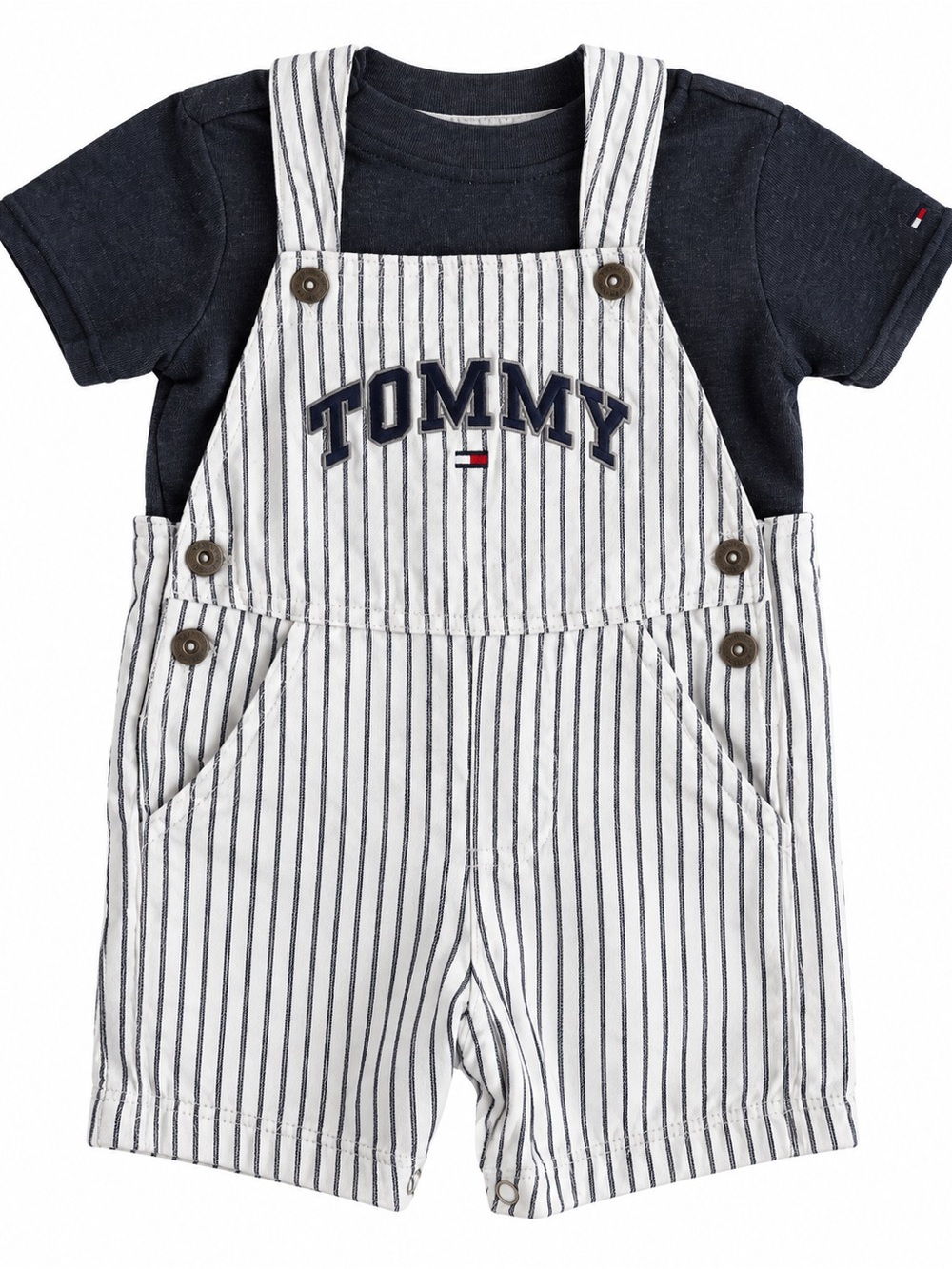 Tommy Hilfiger Navy Tee with White Navy-Striped Overalls